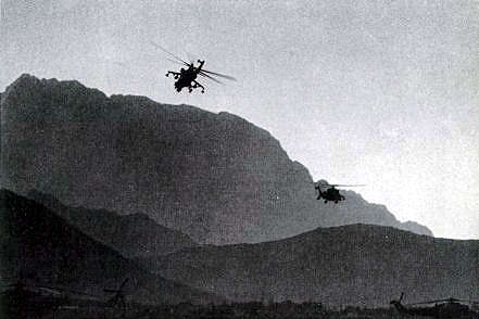 Soviet helicopters over the Afghan mountains
